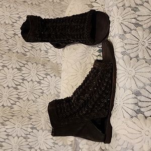 Free People dk brown suede gladiator style sandal with 5/8" pancake heel